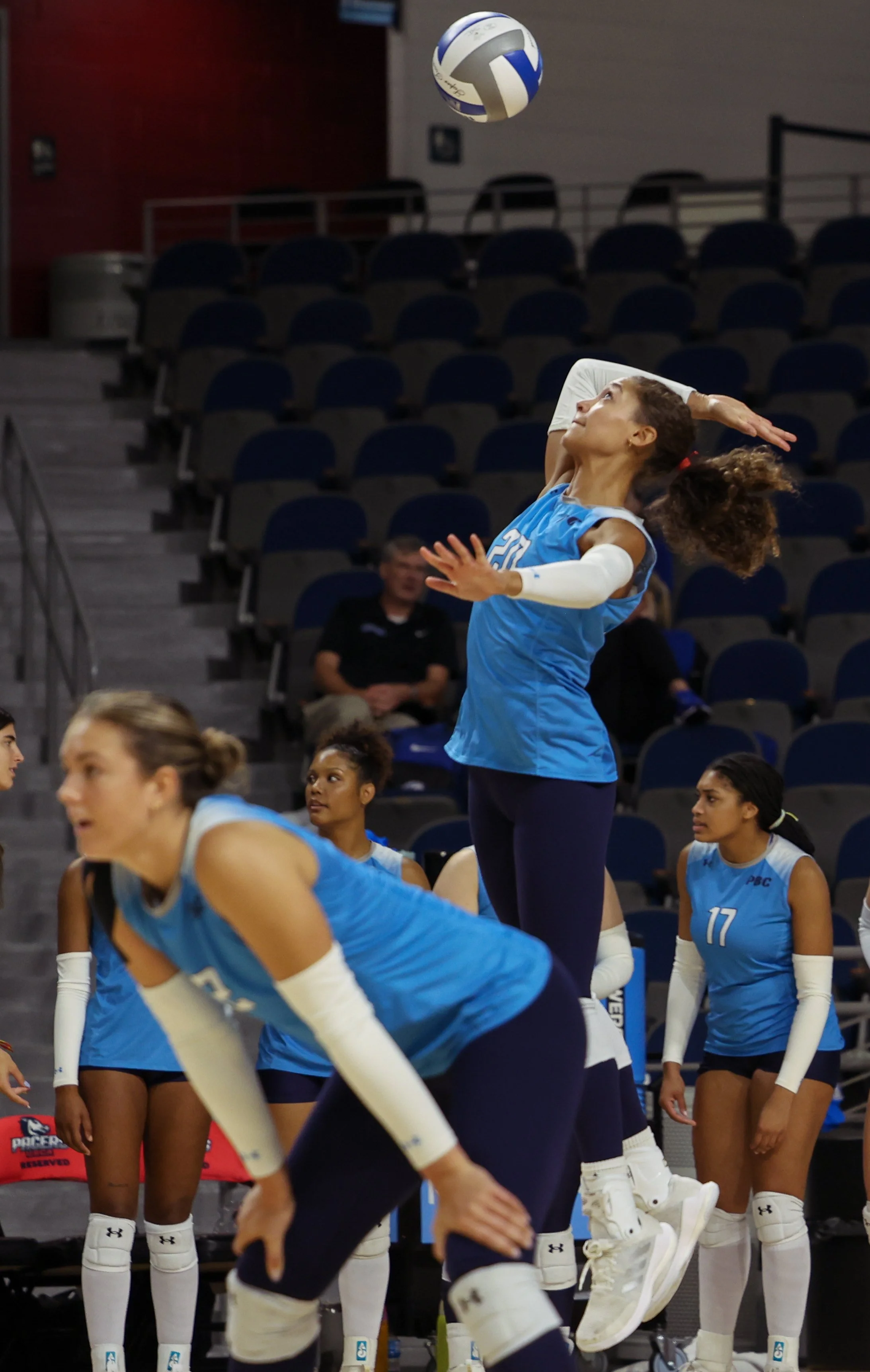  Layne Witherspoon (20) serves it up during a match earlier in the season. She led the Jaguars in kills this season and earned an All Region honorable mention. (photo by Lydia Williams/the Bell Ringer) 