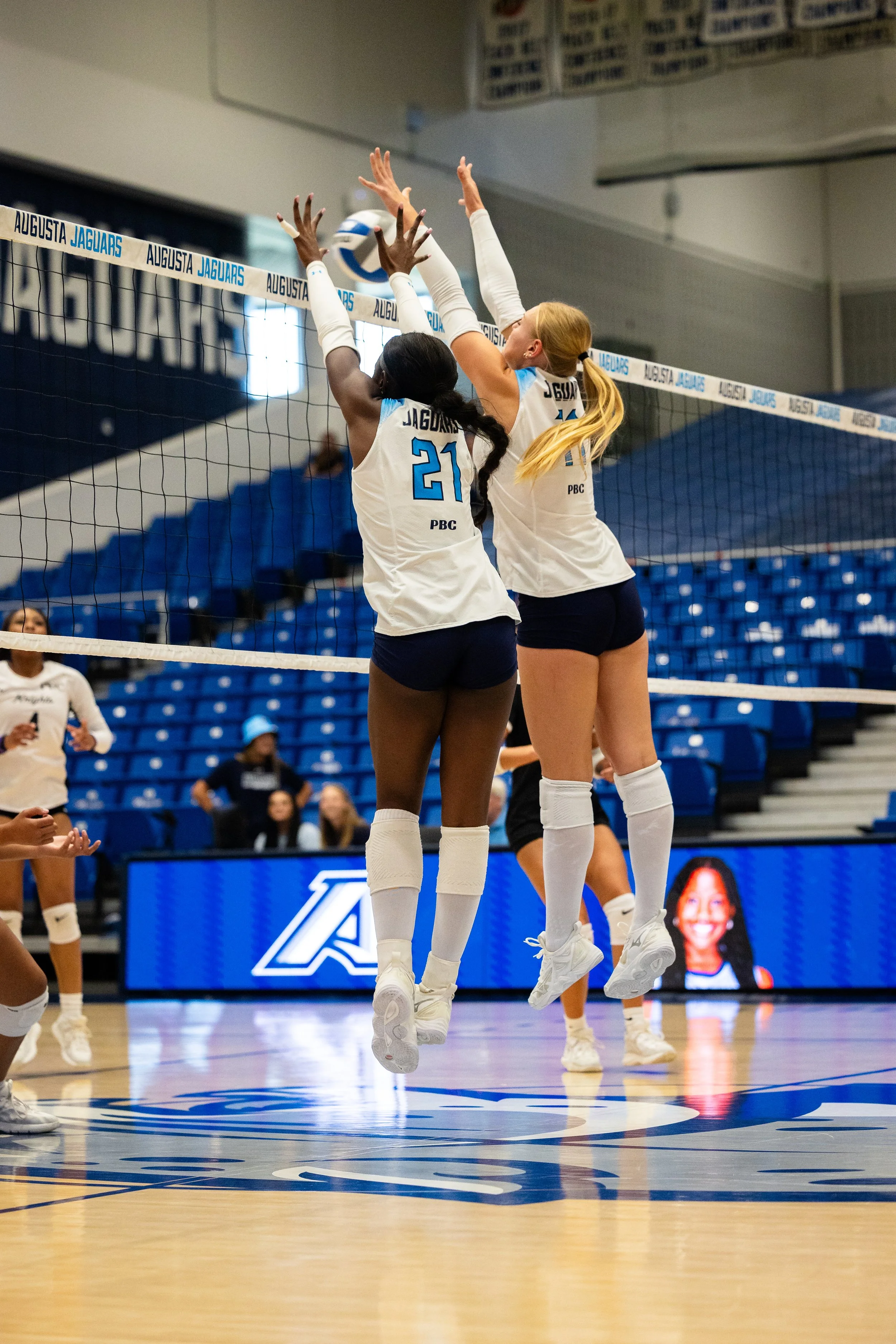  Below, Augusta’s Sofiia Snitsarevych (11) and Essence Jones (21) rise together for a bclock against Middle Georgia. The Jaguars recorded six team blocks in their 3-0 victory over the Knights. At the top of the page, Emma Haren (7) attacks down the line against Middle Georgia’s block. Haren led the Jags with 12 kills. (photos by Rodrigo Burgos Avila/the Bell Ringer) 