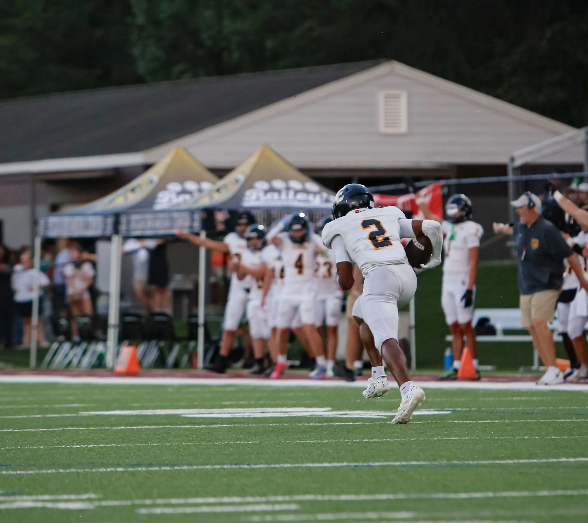  Evans’ Brycen Gault takes an 85-yard interception to the house. (photo by Brelynn Crewe/the Bell Ringer) 