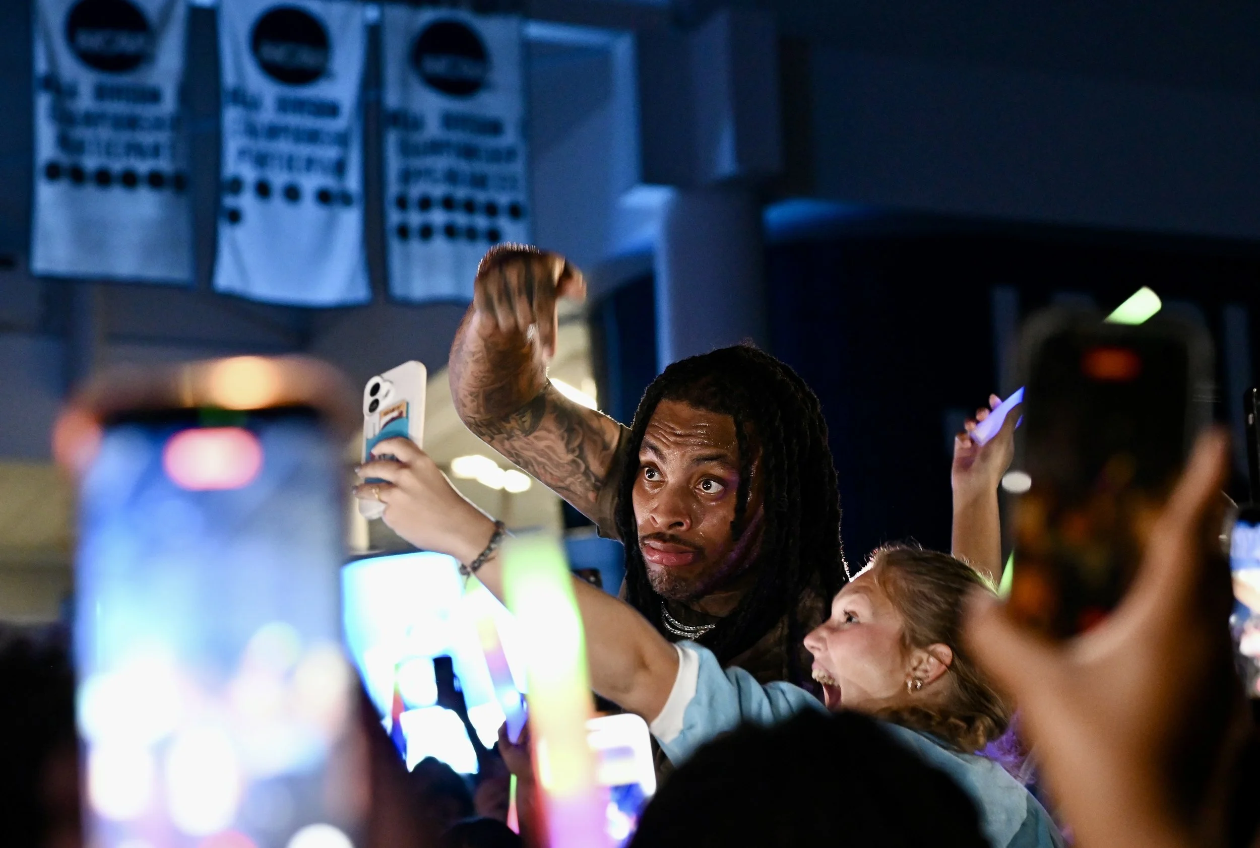  Rapper Waka Flocka Flame takes a selfie with AU student Kyndal Eckel during his performance at the Welcome Back Bash at Christenberry Fieldhouse on Aug. 21. (photo by Steve Schwartz/the Bell Ringer) 