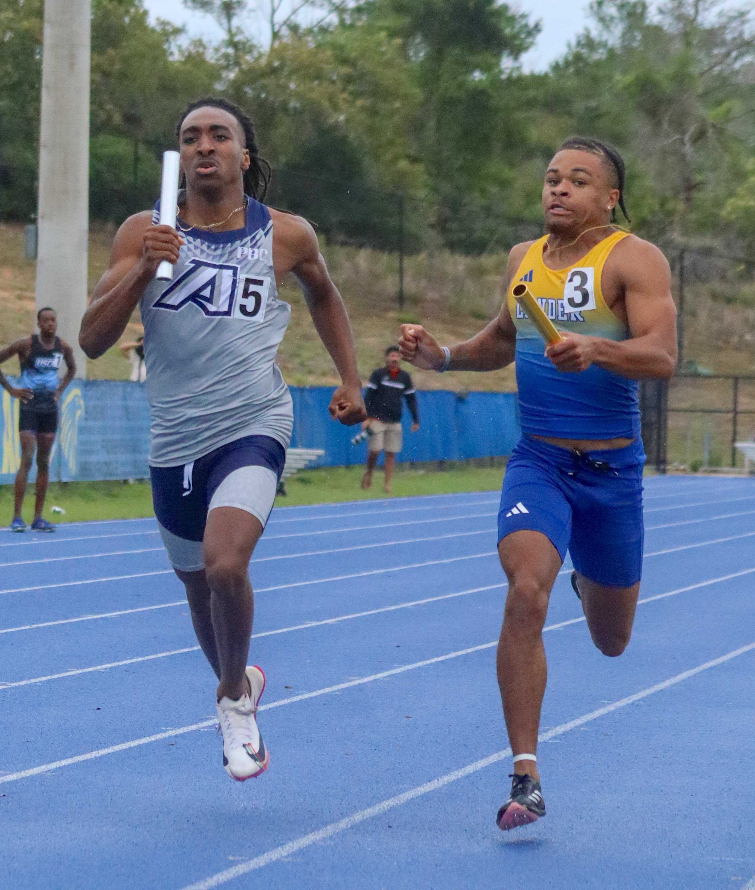  AU’s Dorian Chance (5) heads toward the finish line in the 4×400-meter relay. (photo by Anna Biondolillo/the Bell Ringer) 