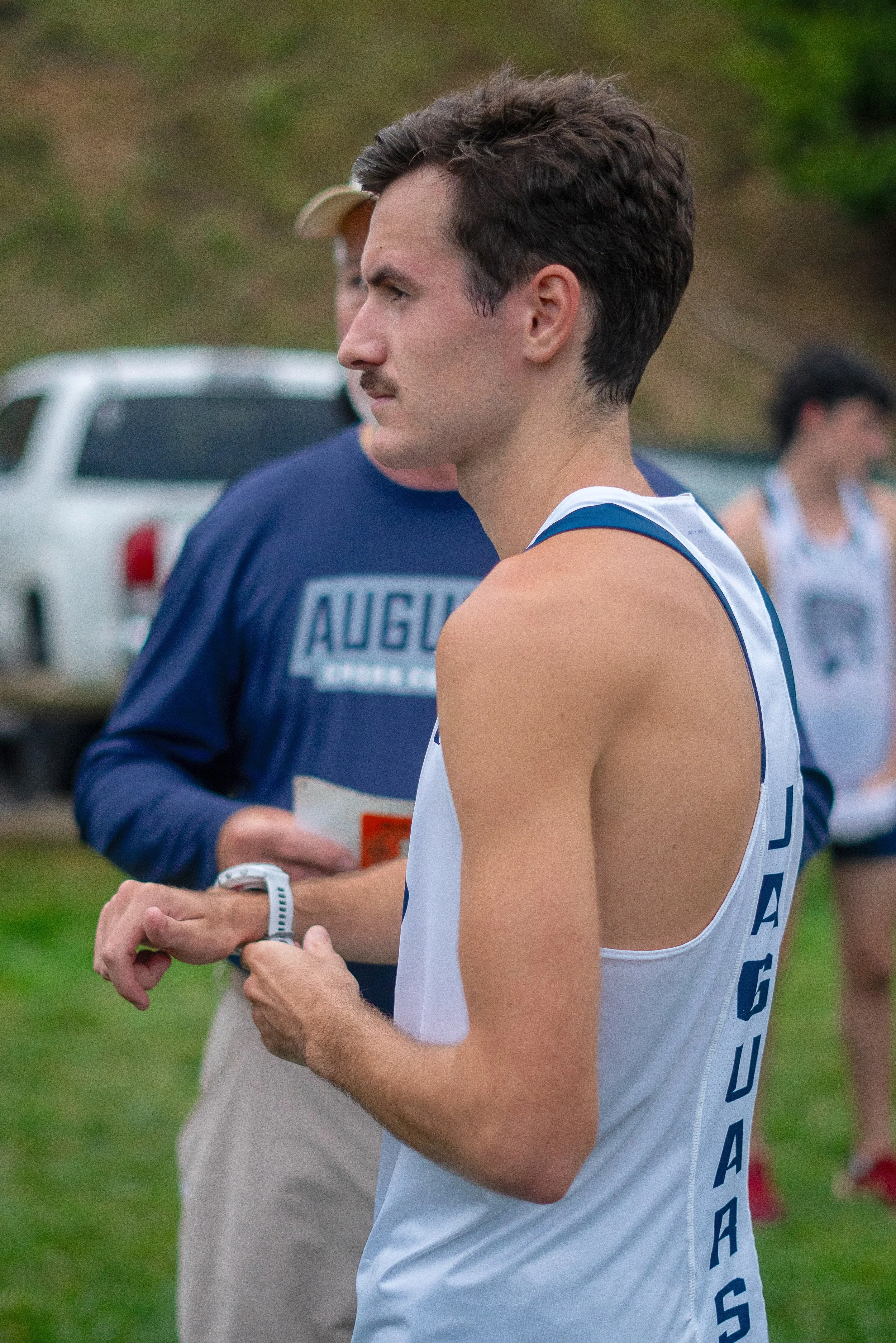  AU's Avery Jaynes prepares to run in the Boone, N.C., meet, in which he broke the 24-minute barrier for the 8K. The Jaguars now look toward the Louisville Classic on Oct. 5. (photo by Churchill Ezeokonkwo) At the top of the page, Jaynes was followed by teammates Tripp Miller, who finished eighth in 24:32.4, and Jordan Robertson, who took 10th in 24:40.1. (file photo) 