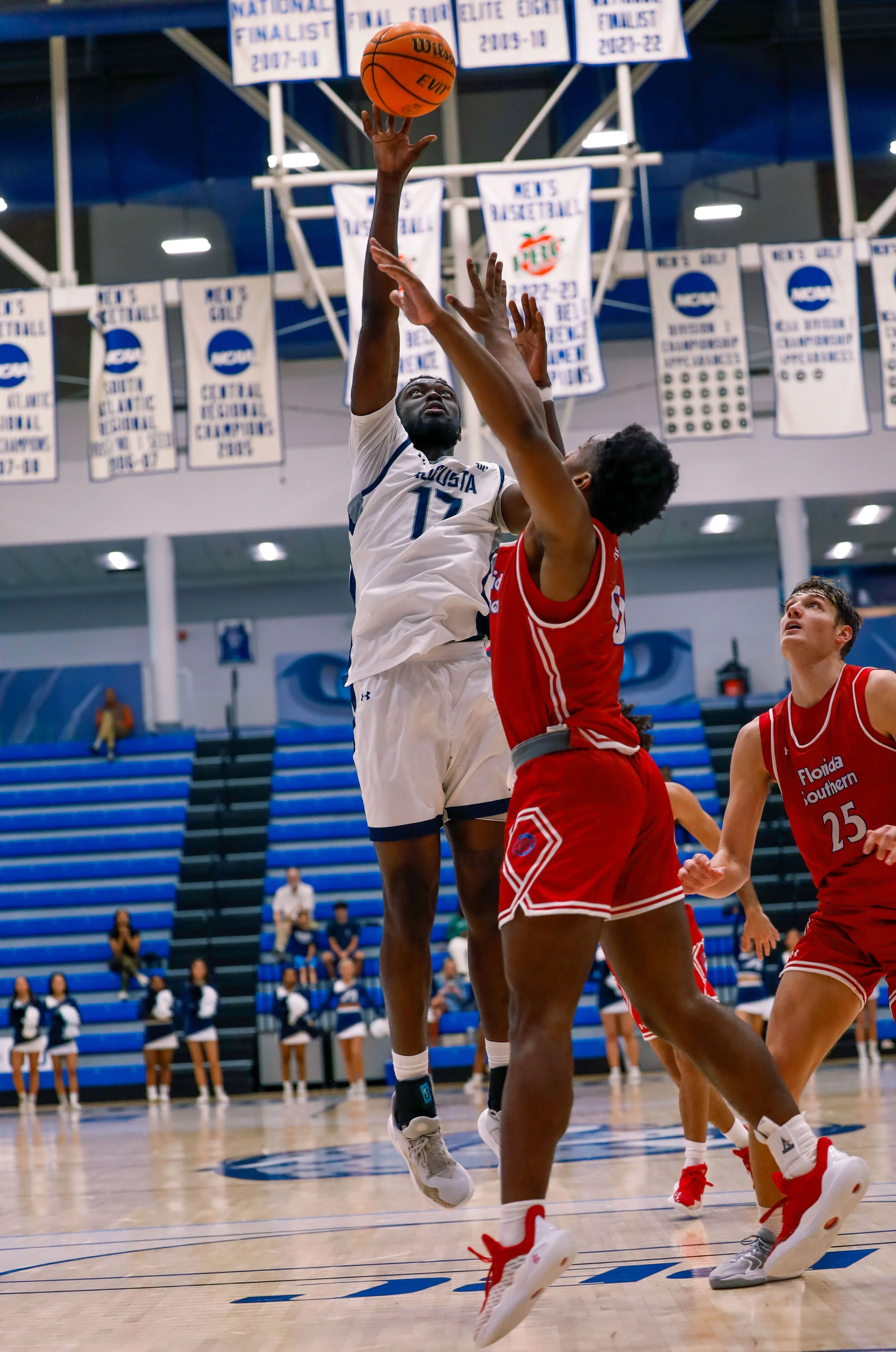  Max Amadasun (17) totaled 30 points and 14 rebounds to lead the Jaguars to an 89-84 win at Emmanuel. At the top of the page, Demitri Gardner tossed in 21 points, including three 3-pointers on a day when the Jags shot 64 percent from 3-point range. (photos by Lydia Williams/the Bell Ringer) 
