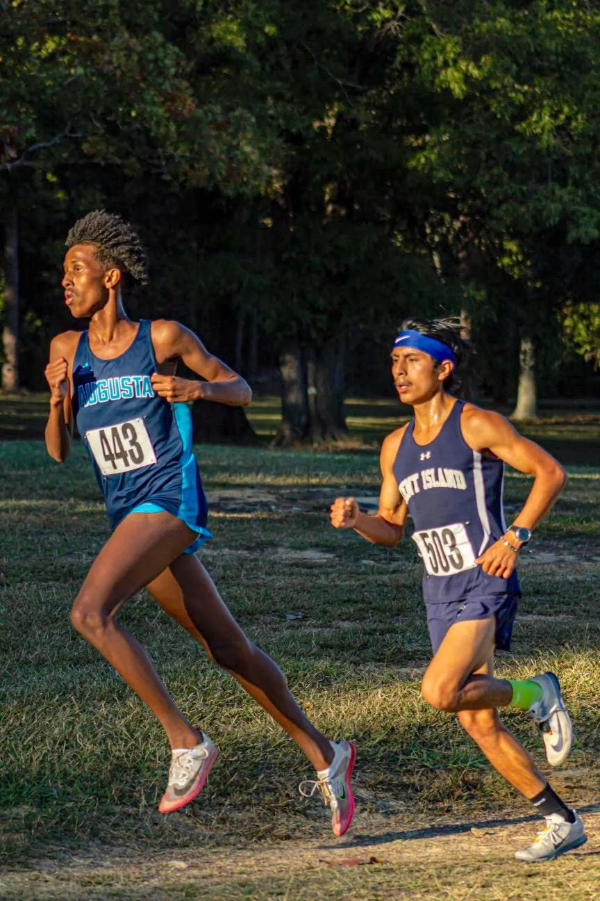  Nasrudin Mohamed (443) is among a handful of experienced upperclassmen who return for the Jaguars. At the top of the page, Avery Jaynes (410) won the 2024 Peach Belt men’s individual title. Jaynes, now a grad assistant, led the Jaguar men’s team to its sixth straight Peach Belt Conference crown. This year, the Jaguars go for the all-time record at seven. (Bell Ringer file photos) 