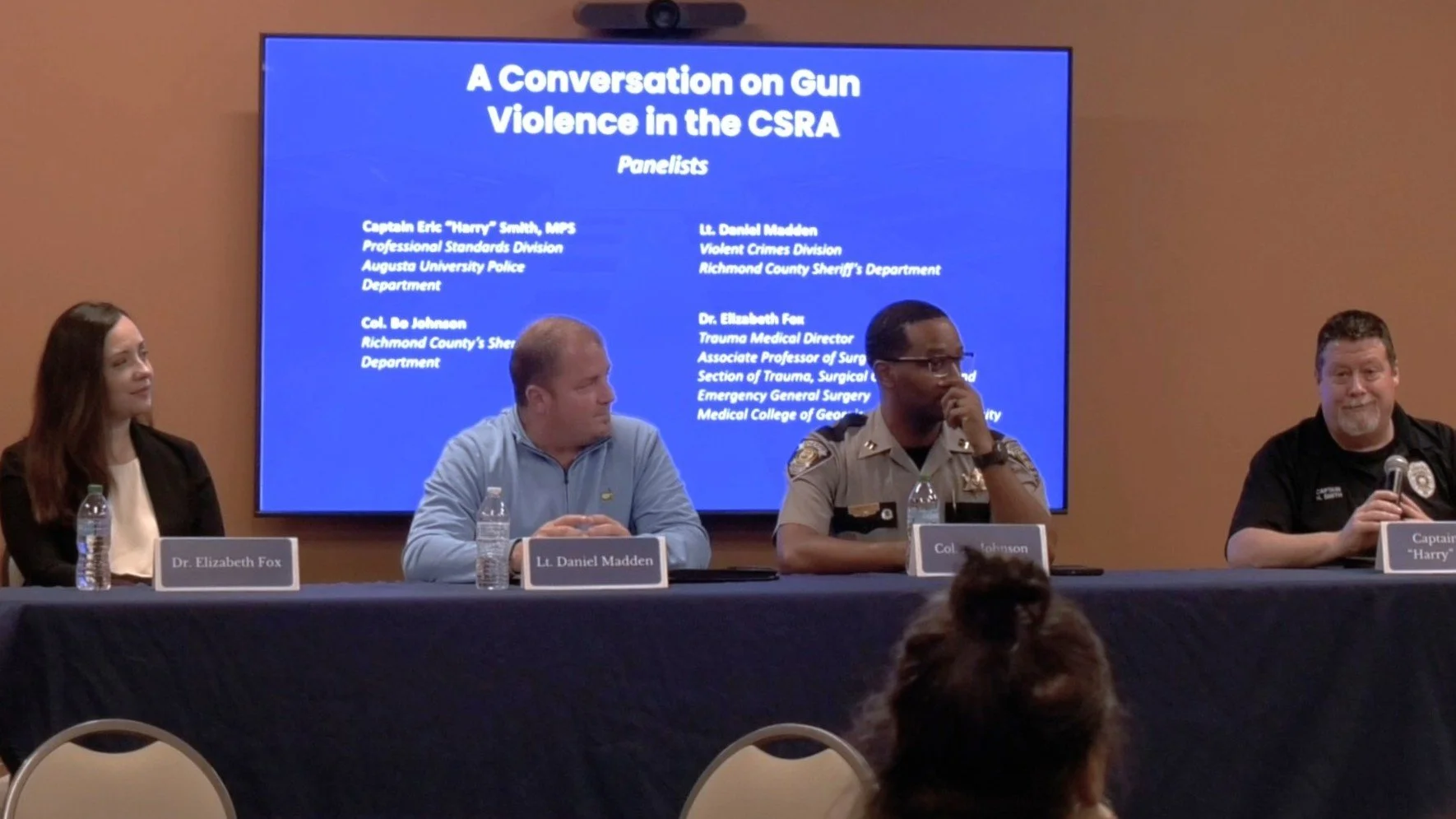   From left to right, Dr. Elizabeth Fox, Lieutenant Daniel Madden, Colonel Bo Johnson and Captain Eric “Harry” Smith, spoke on gun violence in the CSRA. (photo by CM Wahl)  