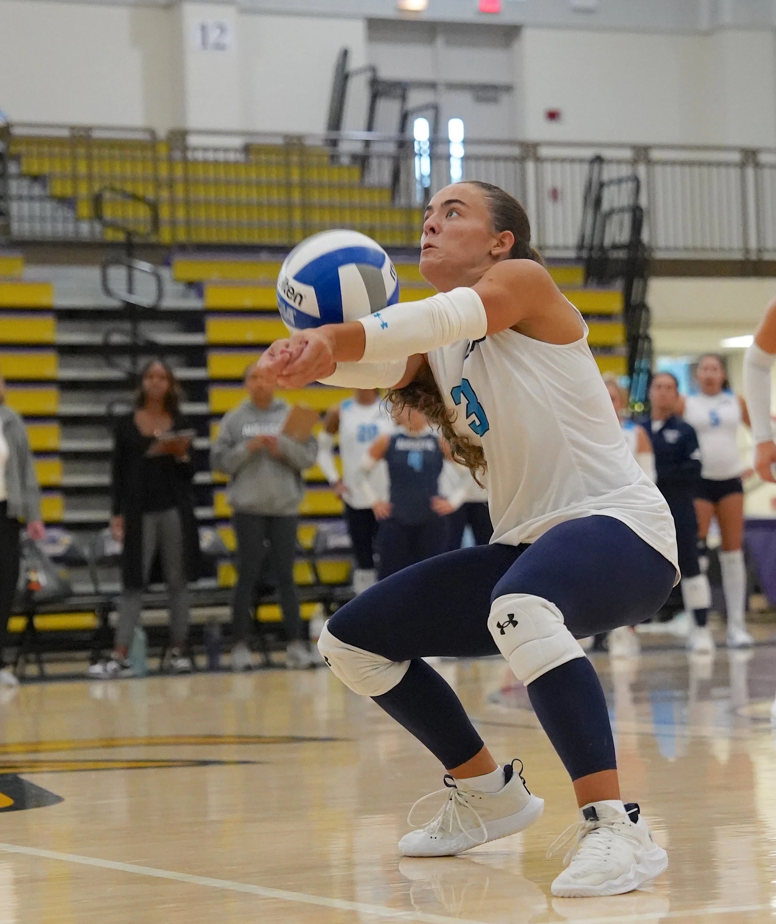  The Jaguars’ Riley Harris gets the dig during a match in the PBC/Gulf South Crossover at the University of Montevallo in Alabama. (photo by Domonic Macias, special to the Bell Ringer) 
