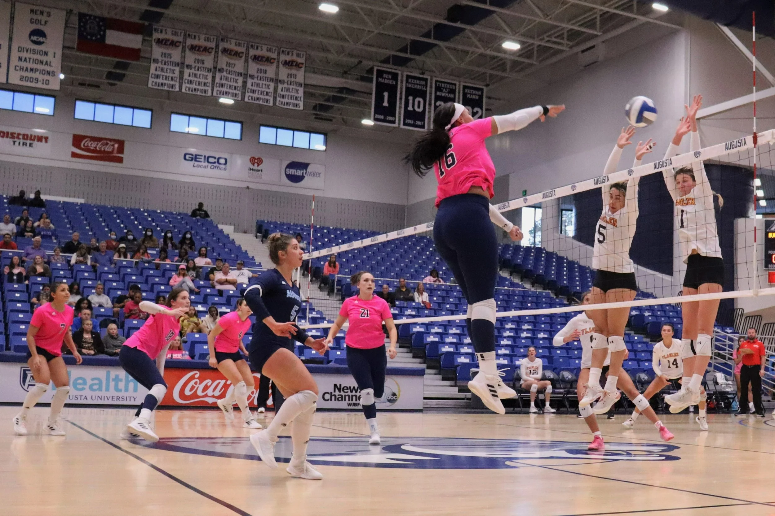  Jazmyn Wheeler (16) pounds home another winner for AU. Wheeler led the Jaguars with 12 kills in the win over Flagler. (photo by Madison Keel) 